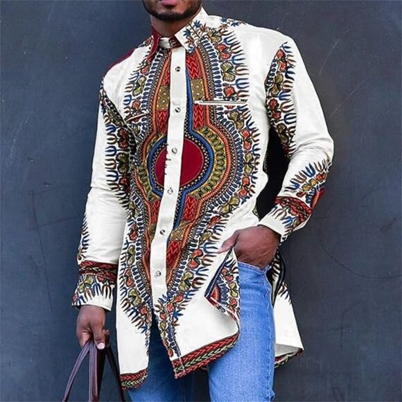 NEW Men's African Dashiki Dress Shirt Beige Medium - Picture 1 of 5